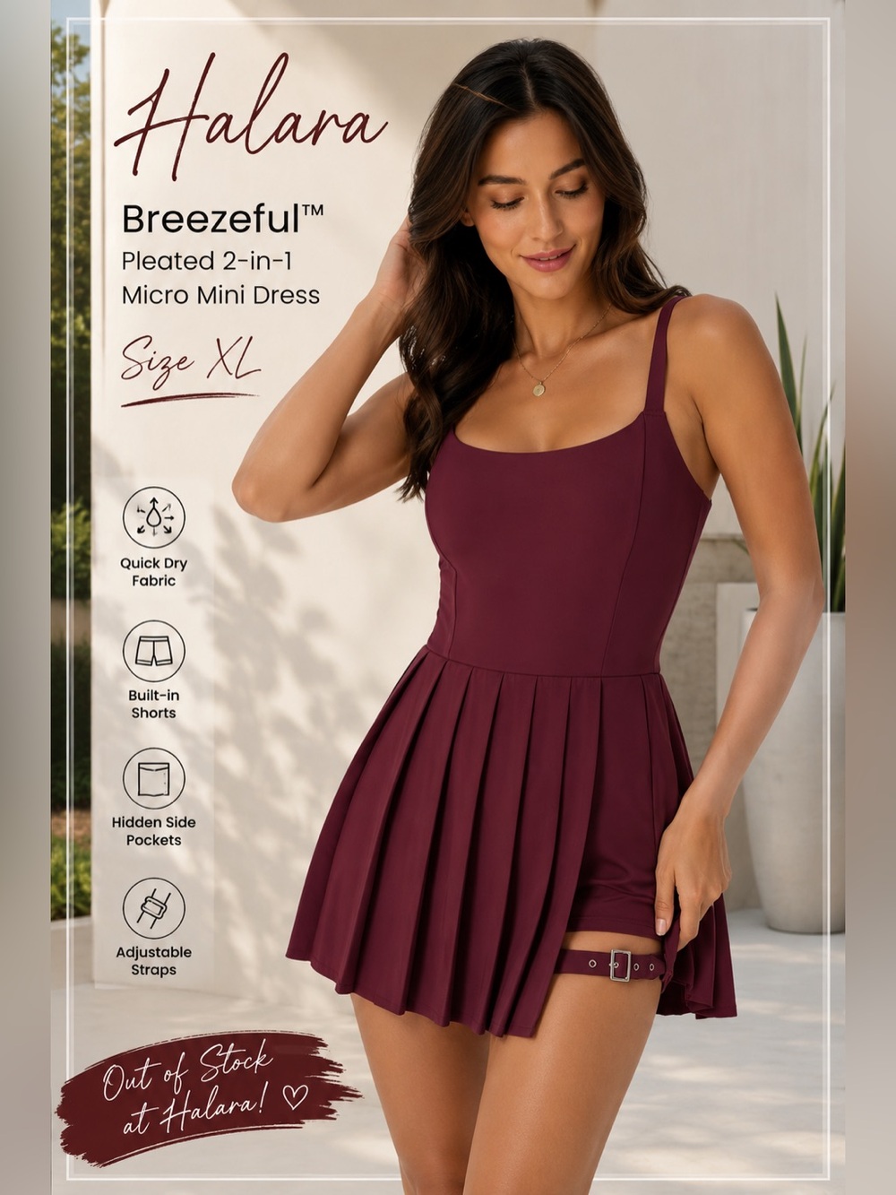 Halara Breezeful Pleated 2-in-1 Micro Mini Dress XL Burgundy